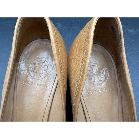 Tory Burch Sally Tan Leather Wedge Heels Gold Metal Logo Women’s Size 9M - Picture 6 of 12